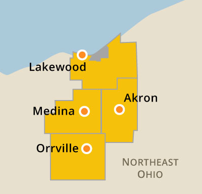 Map showing University of 91Ƶ sites in Medina, Lakewood, Orrville and elsewhere